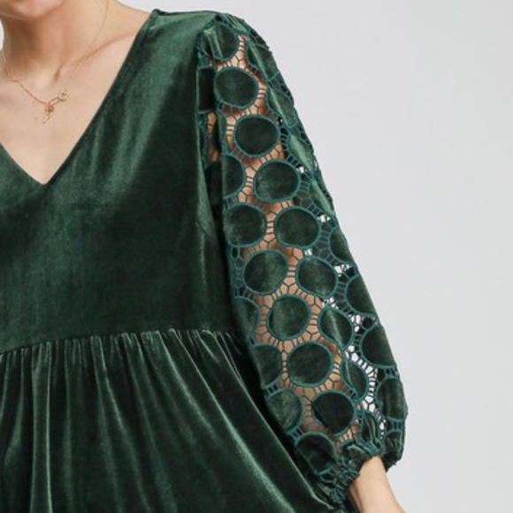 Umgee Lace Velvet Sheer Polka-dot Boho Babydoll Ruffle Long Sleeve Mini Dress - Picture 3 of 14